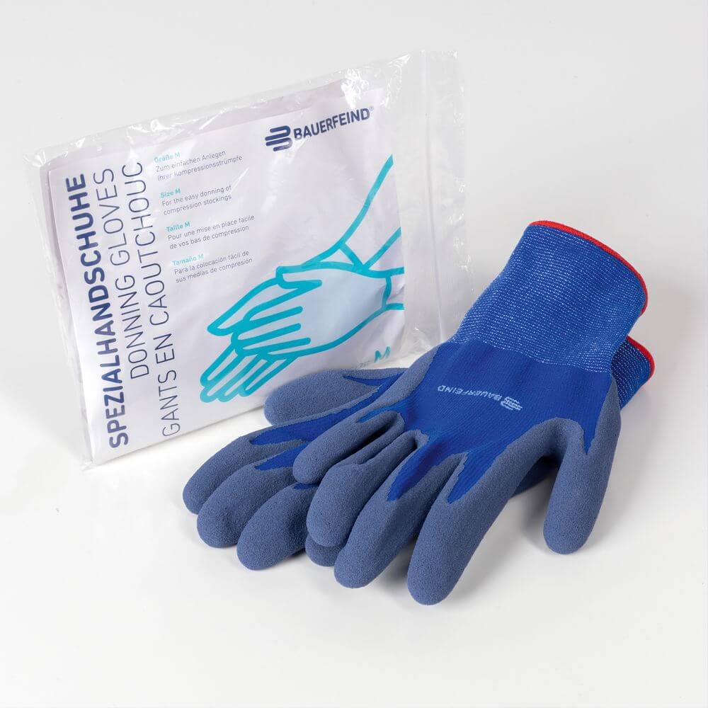 Bauerfeind VenoTrain Handschuhe für Kompressionsstrümpfe. Damit ist das Anlegen von Kompressionsstrümpfen besonders einfach und Kraft sparend.
